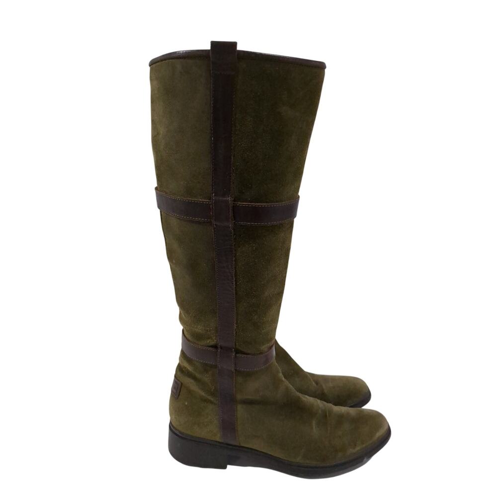Hunter Olive Green Suede Knee High Riding Boots Brown Leather Straps Size 8